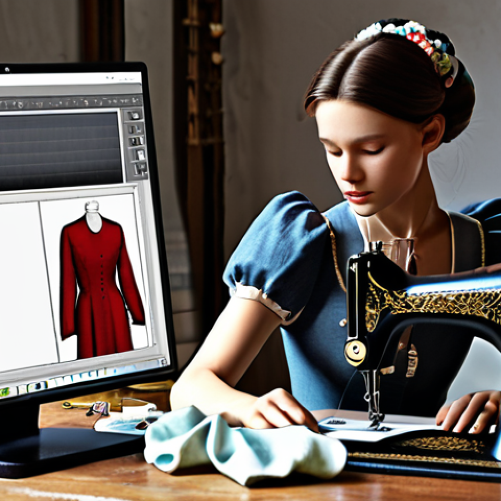 **

Prompt: Digital fashion atelier, blending traditional craftsmanship with modern technology. Show a seamstress using CAD software alongside antique sewing machines. Emphasize sustainable "slow fashion" practices.

**