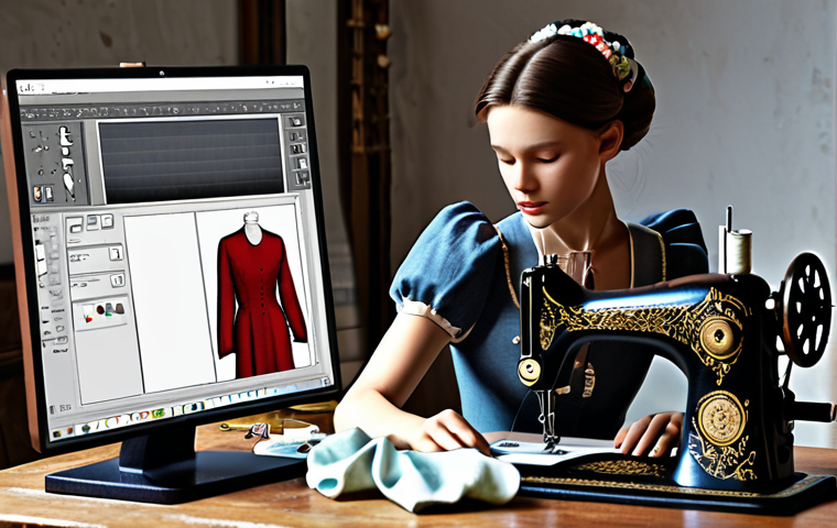 **

Prompt: Digital fashion atelier, blending traditional craftsmanship with modern technology. Show a seamstress using CAD software alongside antique sewing machines. Emphasize sustainable "slow fashion" practices.

**