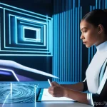 의류기술 학습 커뮤니티 추천 - **Prompt 1: Futuristic Digital Fashion Design Studio**
    A female fashion designer in her early 30...