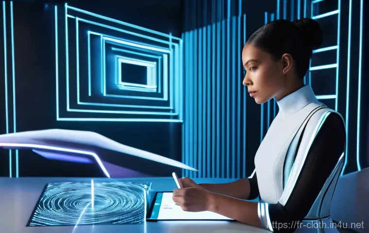 의류기술 학습 커뮤니티 추천 - **Prompt 1: Futuristic Digital Fashion Design Studio**
    A female fashion designer in her early 30...