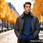 의류기술 관련 신기술 연구 - A modern urban scene featuring a young adult wearing a sleek, lightweight smart coat with thermoregu...