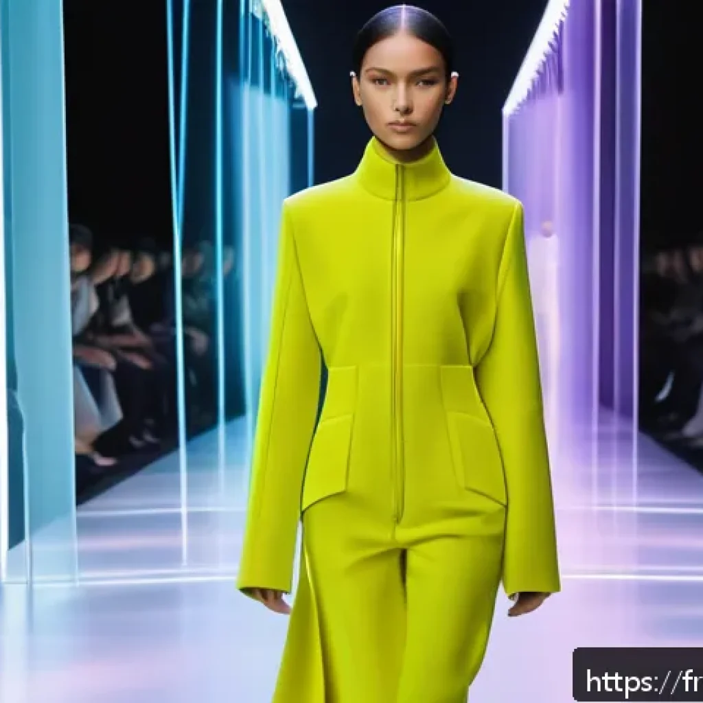 의류기술 관련 학과 진로 가이드 - A futuristic fashion runway scene in Paris featuring models wearing high-tech smart fiber garments t...