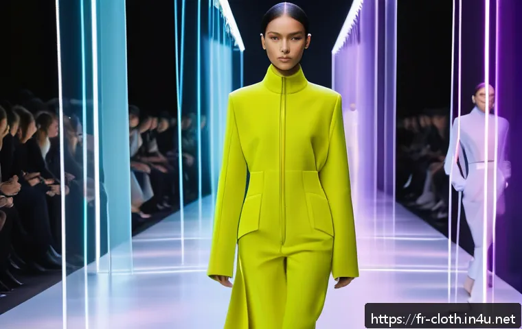 의류기술 관련 학과 진로 가이드 - A futuristic fashion runway scene in Paris featuring models wearing high-tech smart fiber garments t...