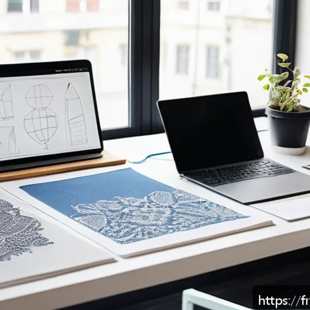 의류기술 포트폴리오 샘플 - A professional textile designer&rsquo;s portfolio workspace, featuring a sleek, minimalist desk with a hig...