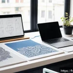 의류기술 포트폴리오 샘플 - A professional textile designer&rsquo;s portfolio workspace, featuring a sleek, minimalist desk with a hig...