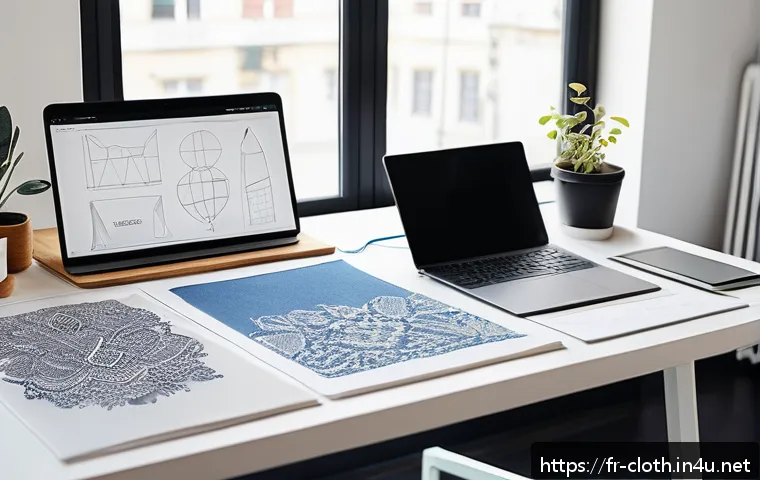 의류기술 포트폴리오 샘플 - A professional textile designer’s portfolio workspace, featuring a sleek, minimalist desk with a hig...