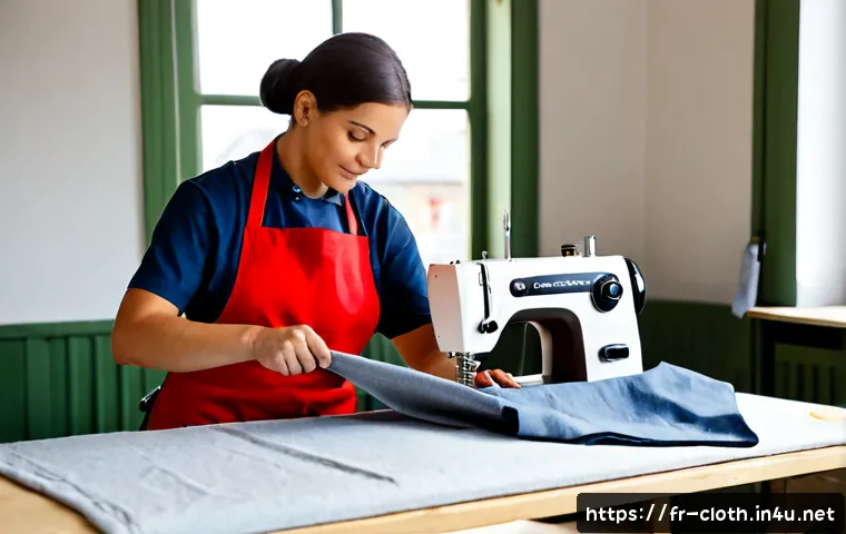 Home 17 의류기술 현장 실습 가이드 - Photorealistic vocational clothing technology workshop in France, an adult trainee wearing a neat wo...