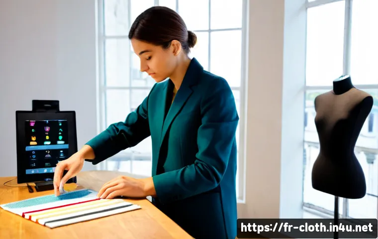 의류기술 창업 아이템 아이디어 - Photorealistic fashion technology startup workshop in Paris, a French entrepreneur examining a smart...